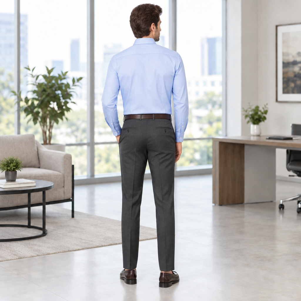 Back view of men’s blue office shirt