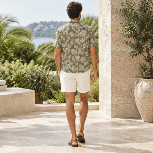 Back view of men’s tropical-print resort shirt