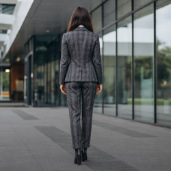 Back view of the charcoal plaid business suit