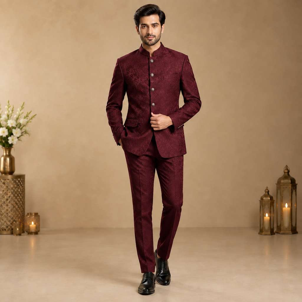 Burgundy bandhgala party look