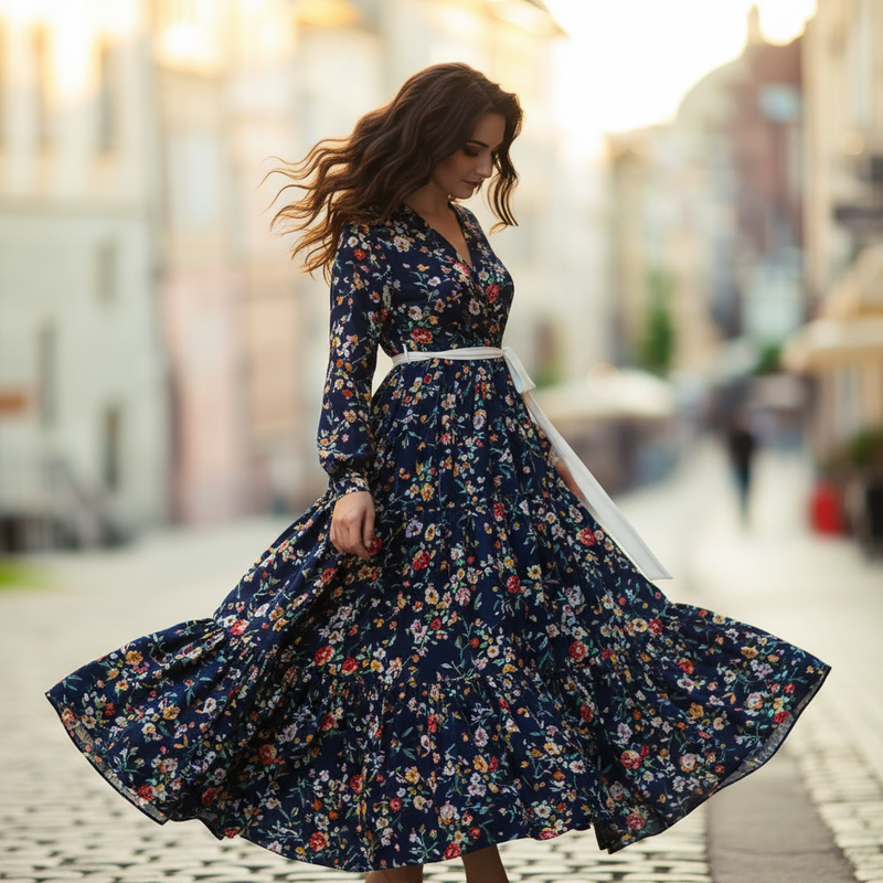 Classic Floral Maxi Dress - Navy Blue