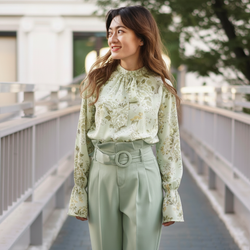 Floral Print Tie-Neck Blouse - Light Green Floral Top