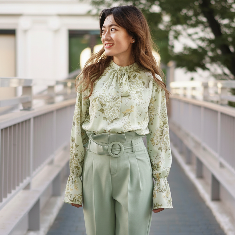 Floral Print Tie-Neck Blouse - Light Green Floral Top