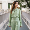 Floral Print Tie-Neck Blouse - Light Green