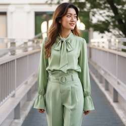 Floral Print Tie-Neck Blouse - Light Green