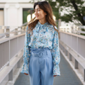 Floral Print Tie-Neck Blouse - Sky Blue Floral Top