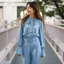 Floral Print Tie-Neck Blouse - Sky Blue