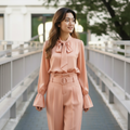 Peach Tie-Neck Blouse & Trousers