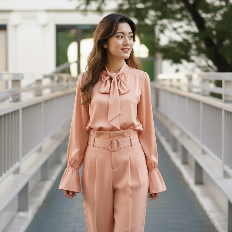 Peach Tie-Neck Blouse & Trousers