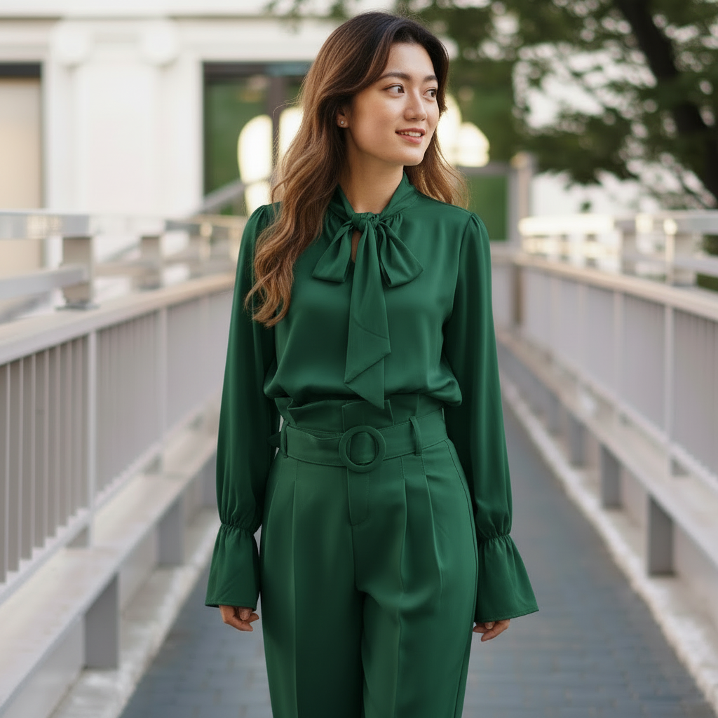 Tie-Neck Blouse & Trousers - Bottle Green 1000x1000